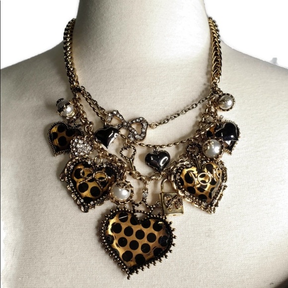 BETSEY JOHNSON LEOPARD HEART CHARM NECKLACE VINTAGE STATEMENT MULTI STRAND - Picture 4 of 15